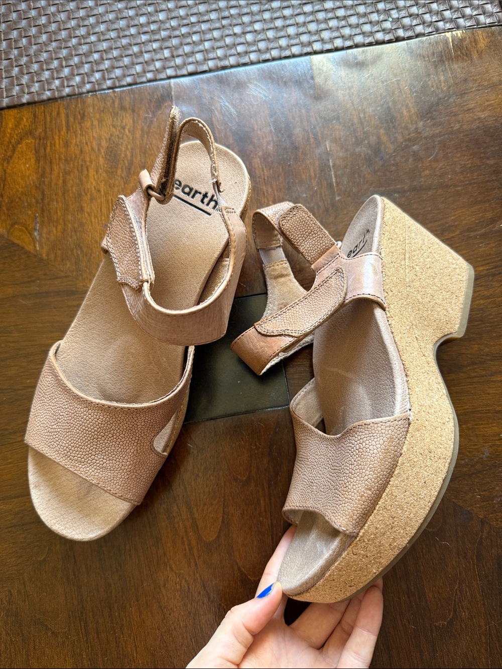 Leather Earth Taupe Tan Cork Wedge Sandals